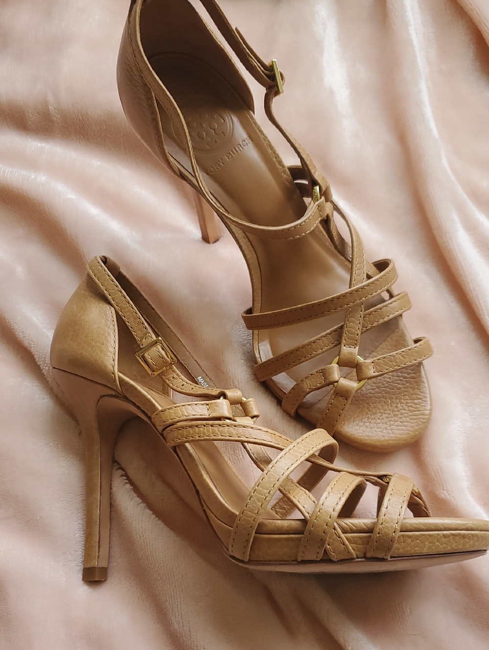 Tory Burch Strappy Stiletto Heels, Size 7.5, in Royal Tan. Great Condition!
